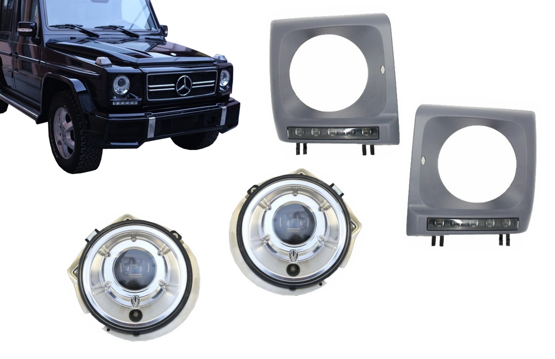 Abdeckungen LED DRL Schwarz für Mercedes G W463 89-12 G65 Design Scheinwerfer Chrom CarPartsTuning