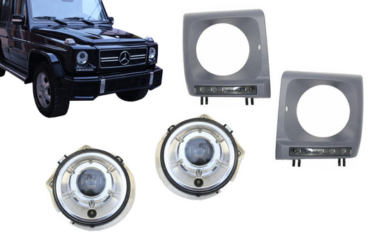 Abdeckungen LED DRL Schwarz für Mercedes G W463 89-12 G65 Design Scheinwerfer Chrom CarPartsTuning