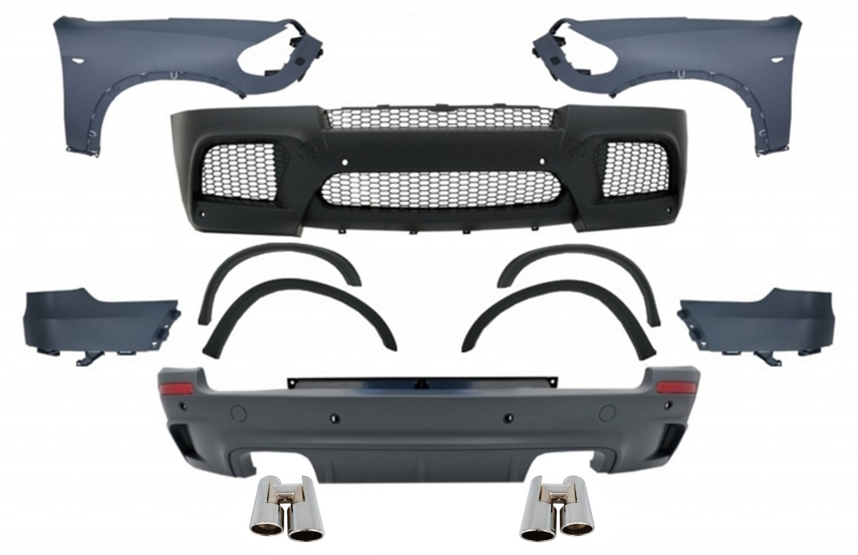 Bodykit für BMW X5 E70 07-13 M Look Kotflügel Auspuff Schalldämpfer Tipps Chrom CarPartsTuning