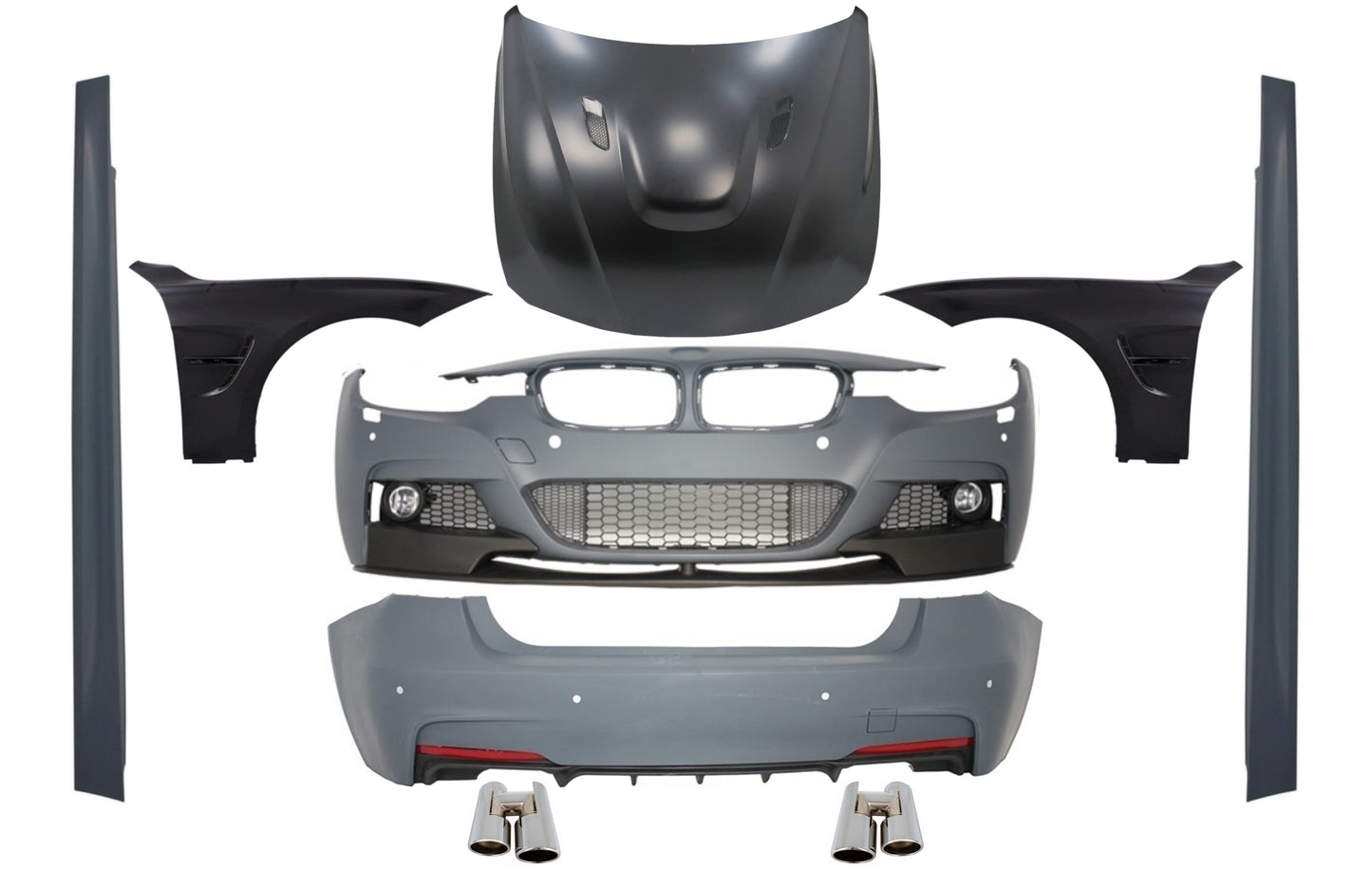 Kit für BMW 3 F30 11-19 M-Perform Look Kotflügel Schwarz Motorhaube Tipps Chrom CarPartsTuning
