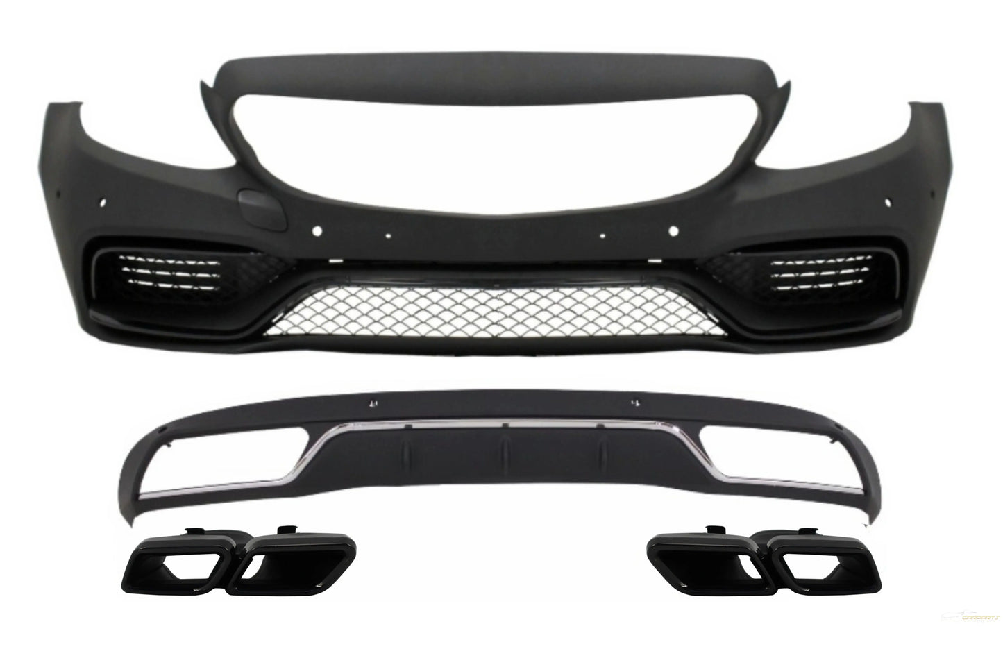 Frontstoßstange Ohne Mittelgitter Und Diffusor Mit Endschalldämpfer Schwarz Passend Für Mercedes C-Klasse W205 S205 (2014-2018) C63 Design KITT
