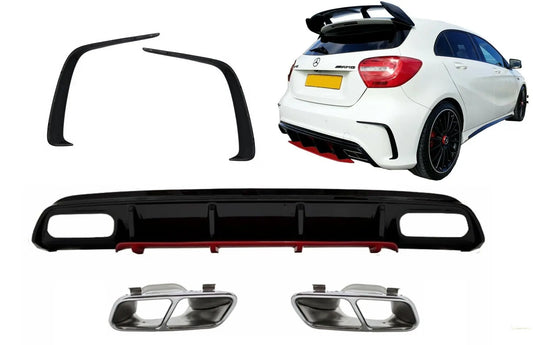 Heckdiffusor Mit Endrohrblenden Chrom Und Splitterfinnen Passend Für Mercedes A-Klasse W176 (2012-2018) A45 Facelift Design Red Edition KITT