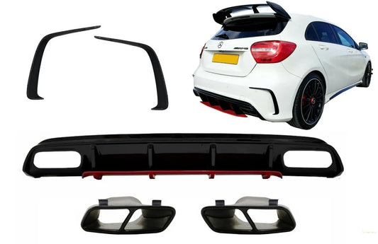 Heckdiffusor Mit Endschalldämpfer Schwarz Und Splitterfinnen Passend Für Mercedes A-Klasse W176 (2012-2018) A45 Facelift Design Red Edition KITT