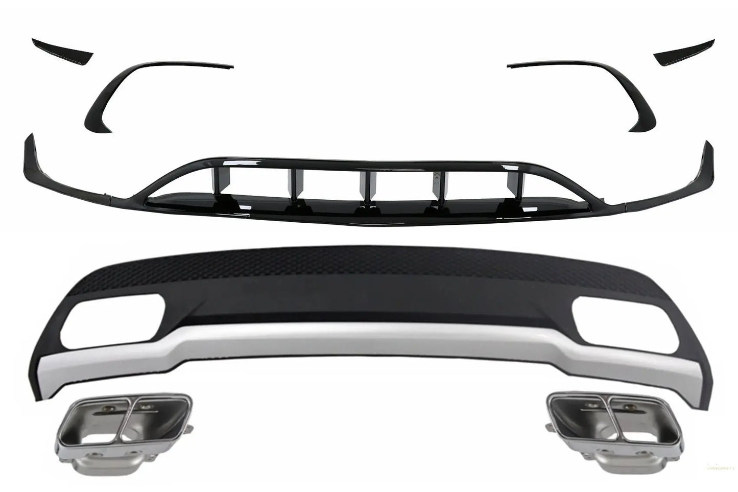 Heckdiffusor & Endrohrblenden Endrohrpaket Mit Frontsplitter Finnen Aero Passend Für Mercedes A-Klasse W176 (2015-2018) Sport Pack KITT Specials