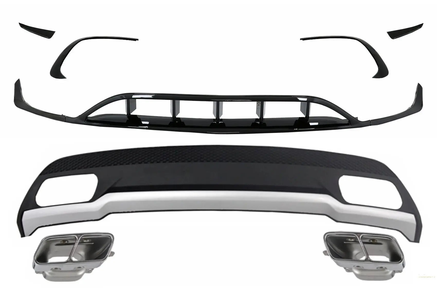 Heckdiffusor & Endrohrblenden Endrohrpaket Mit Frontsplitter Finnen Aero Passend Für Mercedes A-Klasse W176 (2015-2018) Sport Pack KITT Specials