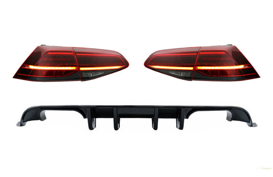 Heckschürze Luftdiffusor Mit Voll-LED-Rückleuchten Dynamisches Blinklicht Dunkelkirschrot Passend Für VW Golf 7.5 (2017-2019) R Look KITT