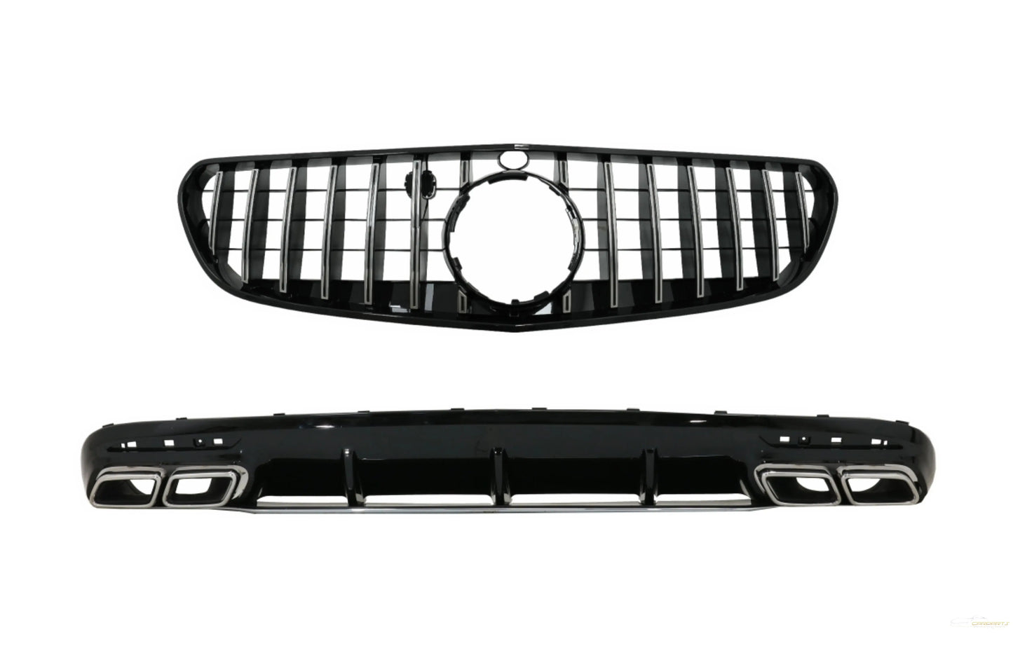 Luftdiffusor Für Heckstoßstange Mit Verchromten Endrohren Und Mittelgitter Passend Für Mercedes S-Klasse C217 Coupé (2014-2017) S63 GT-R Design KITT